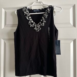 Jones New York Black Sleeveless V-Neck Top with Contrasting Beaded Trim